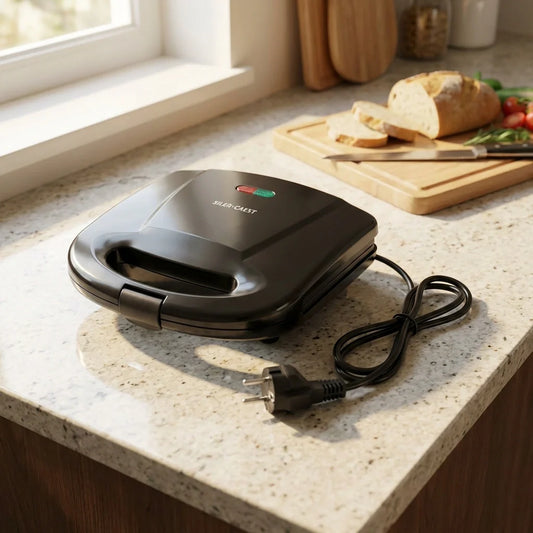 Non-stick sandwich maker with indicator lights, closed lid, black exterior.