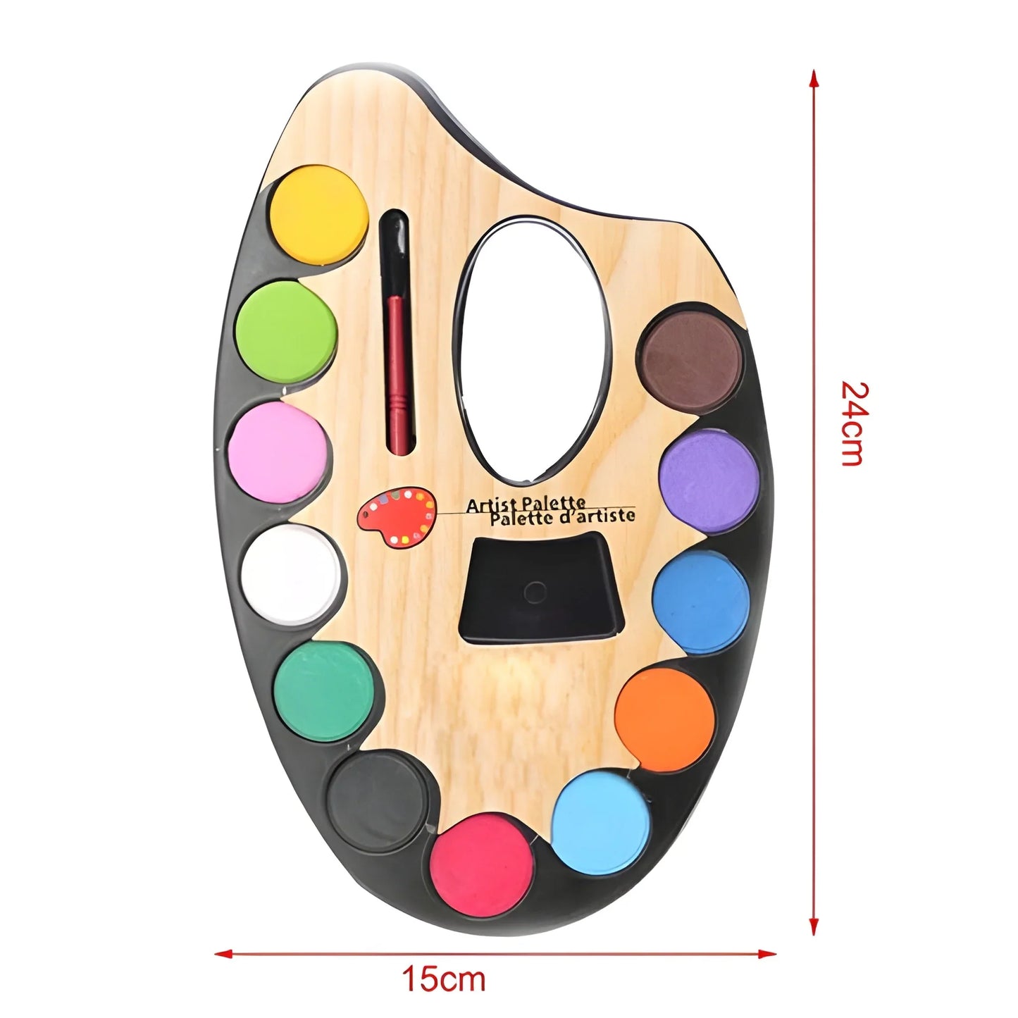 Watercolor palette set with colored paint pans and small brush