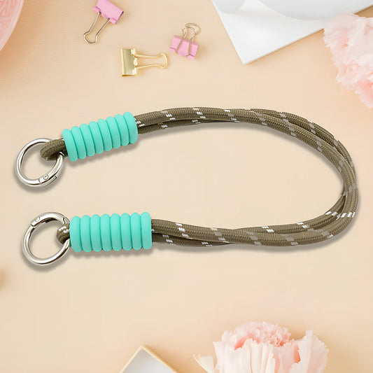 Nylon wrist lanyard with teal padded grips and two metal clip rings, braided strap