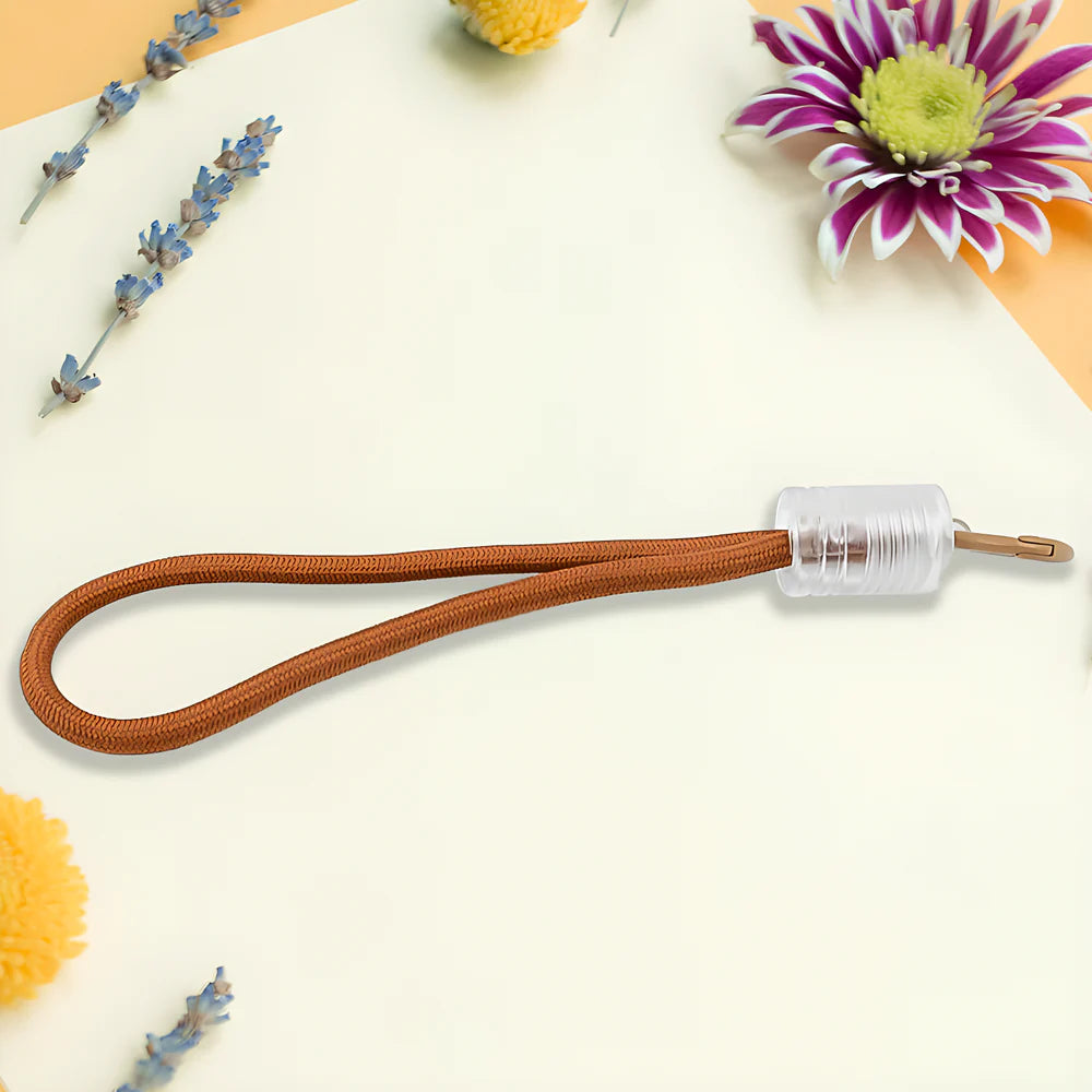 Nylon wrist strap lanyard with rust brown cord and clear plastic connector