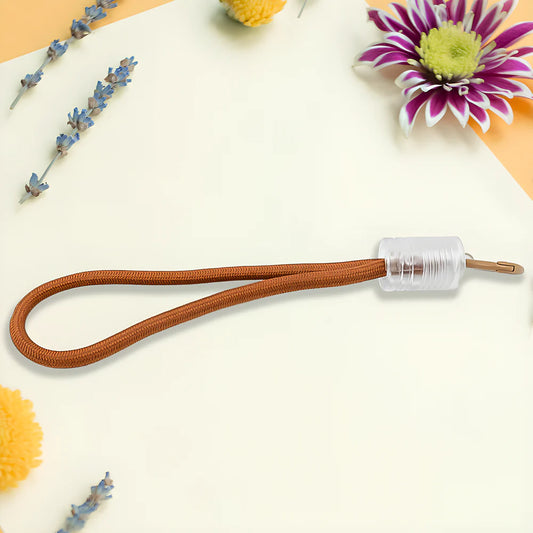 Nylon wrist strap lanyard with rust brown cord and clear plastic connector