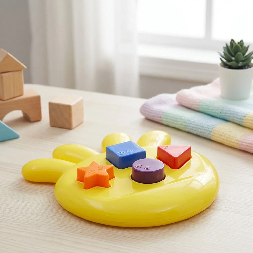 Yellow octopus shape sorter toy with sorting pieces in blue, pink, and orange