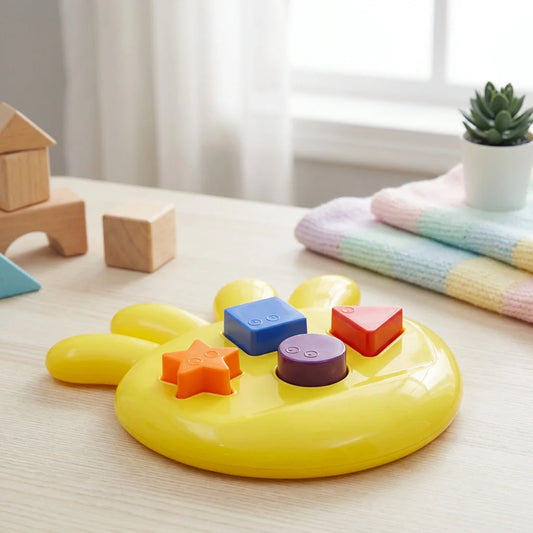 Yellow octopus shape sorter toy with sorting pieces in blue, pink, and orange
