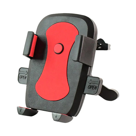 Car mobile holder with one-touch clamp, red-and-black grip and vent mount clips