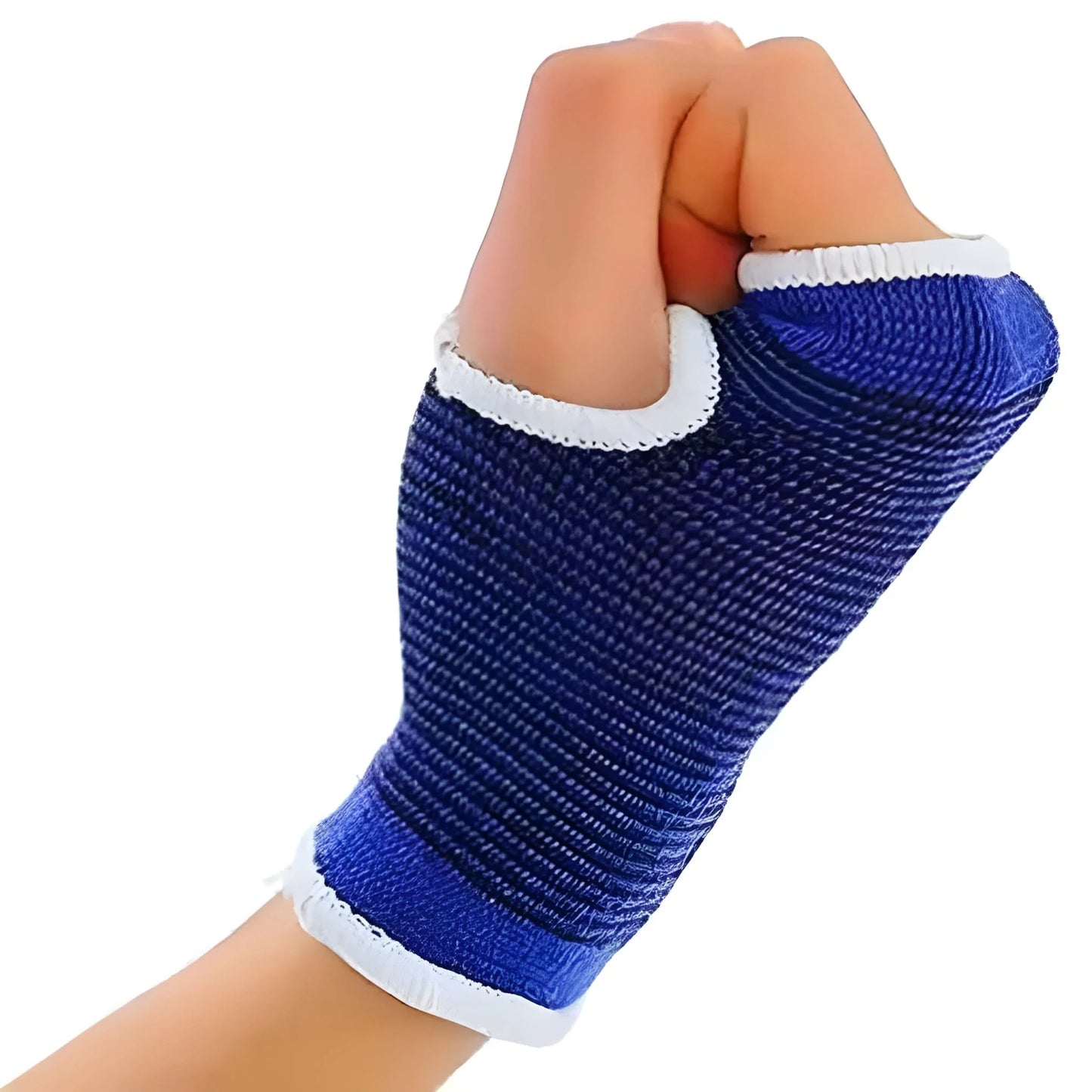 Palm support glove with blue knit palm grip and white trim, worn on hand