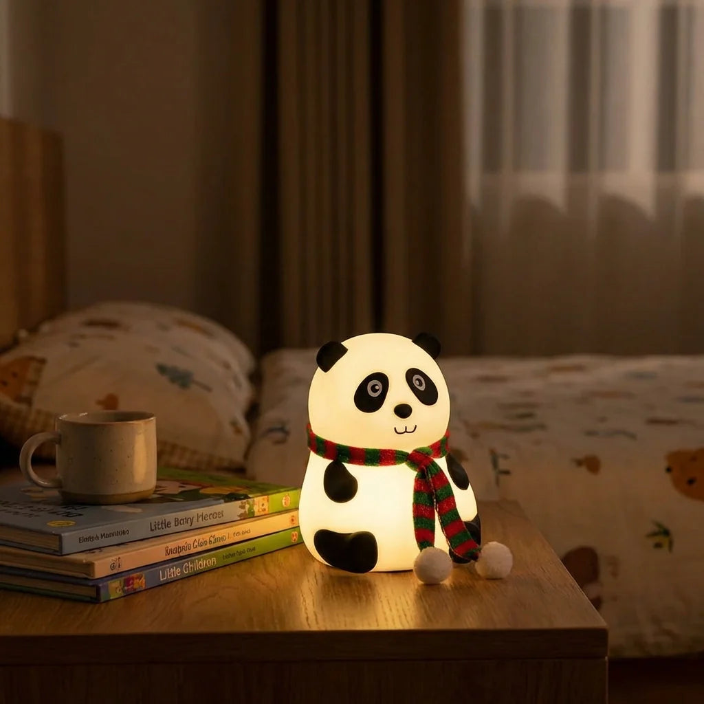 Panda LED touch lamp with silicone body, warm glow and plaid scarf