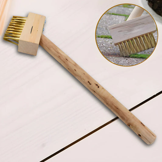 Patio weed brush with long wooden handle and stiff brass bristles