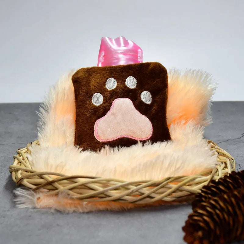 Small hot water bag with paw print cover, brown plush with white pads and pink inner