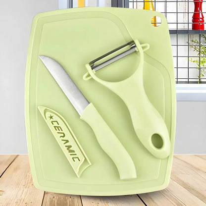Light green peeler and ceramic knife on matching tray