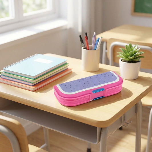 Two-compartment pencil box, pink with blue perforated lid and zipper closure