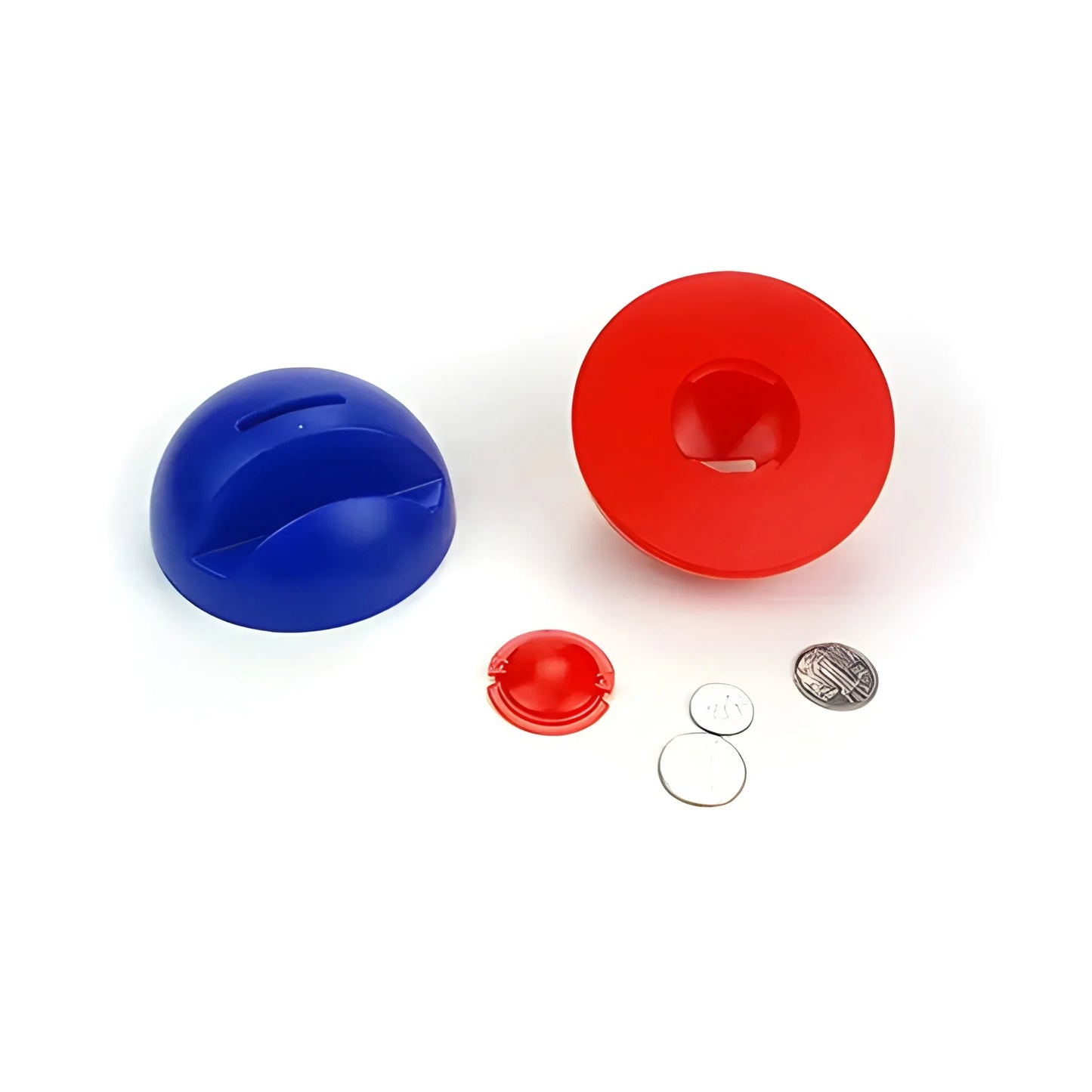 Coin bank phone stand with red and blue base and coin slot pieces