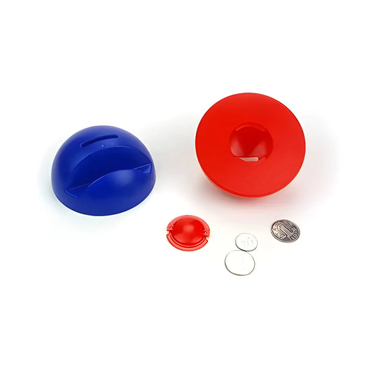 Coin bank phone stand with red and blue base and coin slot pieces