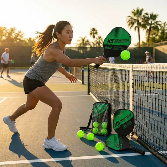 Pickleball set: two green-and-black paddles with neon green balls and net