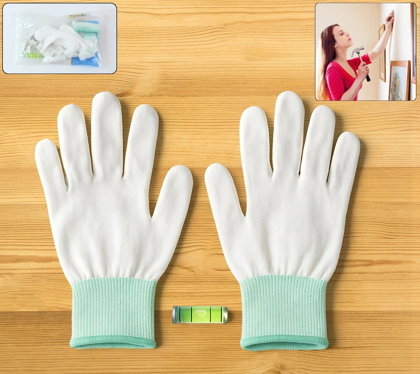 Picture hanging kit: white gloves with mint cuffs and small spirit level