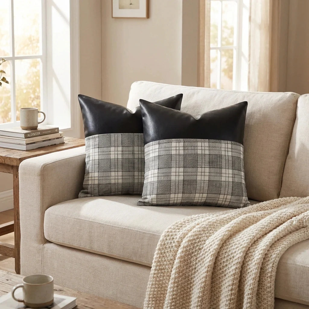 Plaid cushion pillow cover with solid black back
