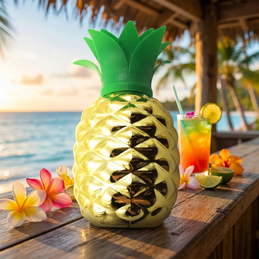 Pineapple-shaped drink cup with straw, gold body and green leaf lid
