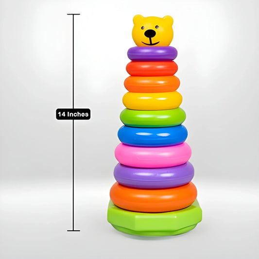 Plastic baby stacking ring with teddy bear face and colorful interlocking rings