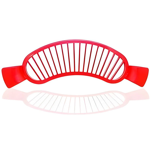 Red banana slicer tool with arched slicing grid and two side handles