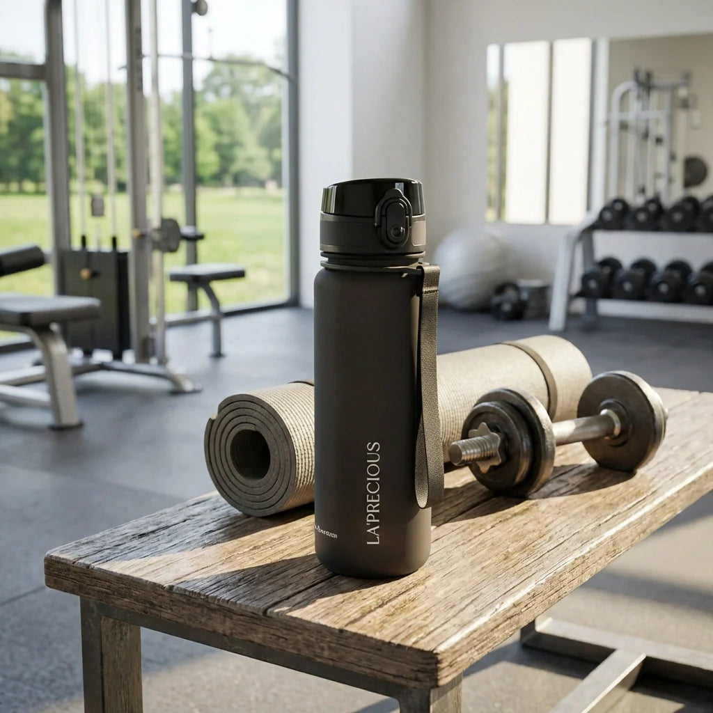 Black plastic water bottle with screw-on lid, matte finish