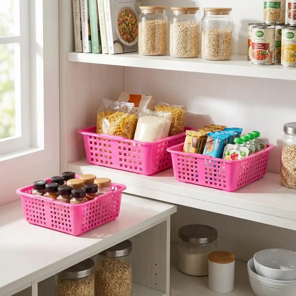 Plastic fruit basket with perforated sides, rectangular pink baskets on kitchen shelves