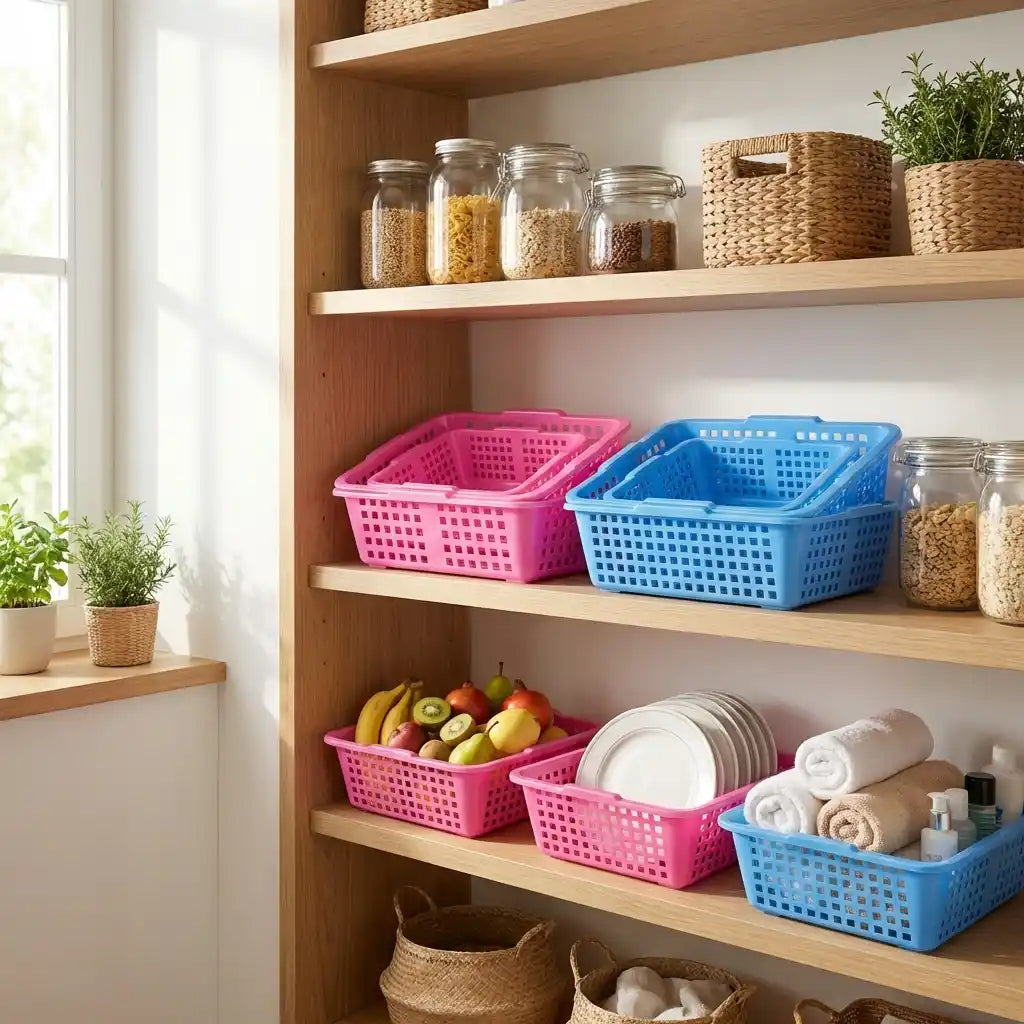Plastic fruit basket set with perforated sides, pink and blue baskets on shelves