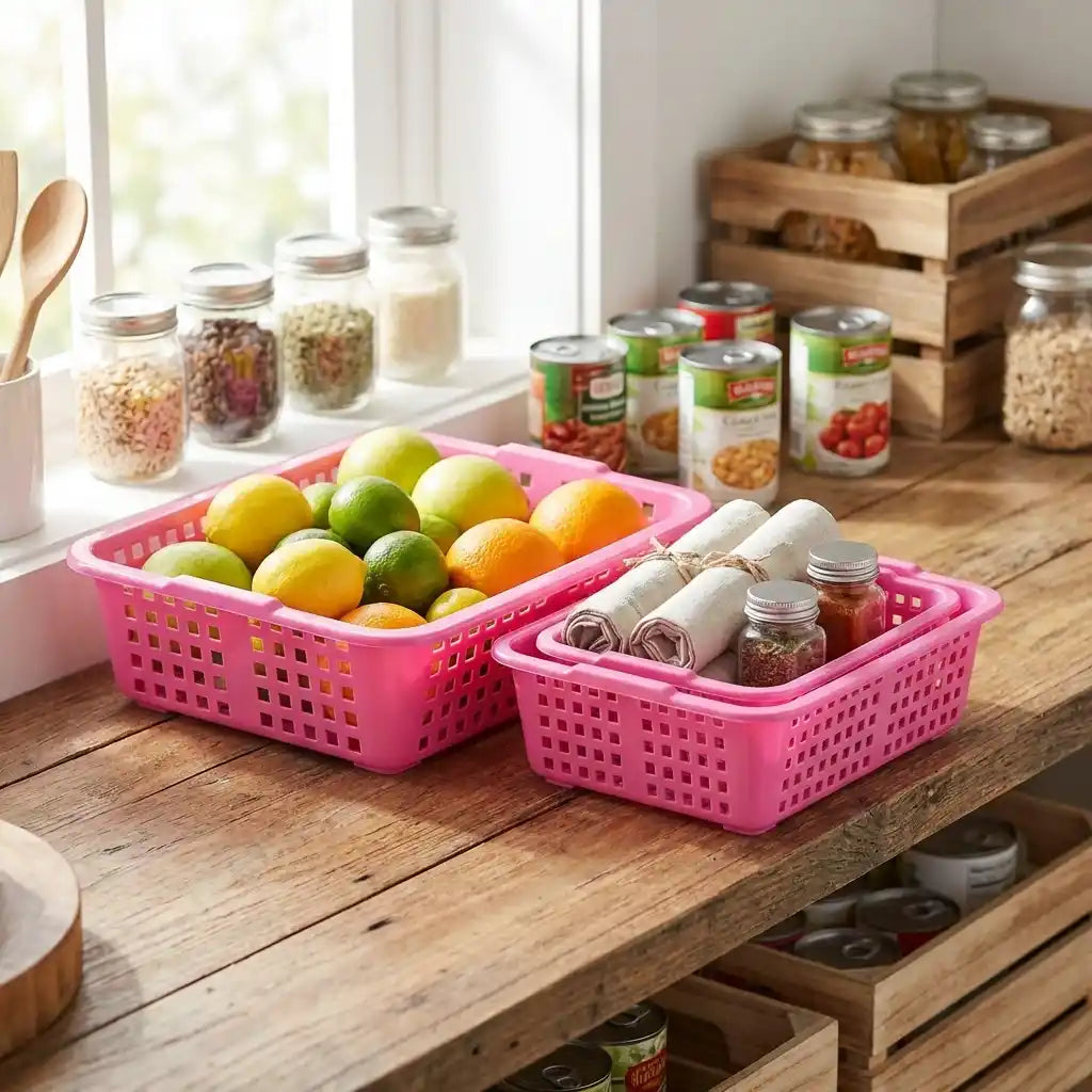 Plastic fruit basket set with perforated sides, pink baskets holding fruit and kitchen items
