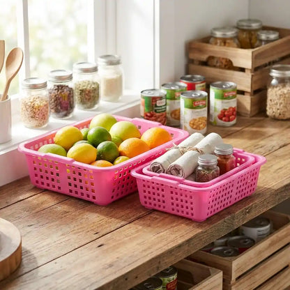 Plastic fruit basket set with perforated sides, pink baskets holding fruit and kitchen items