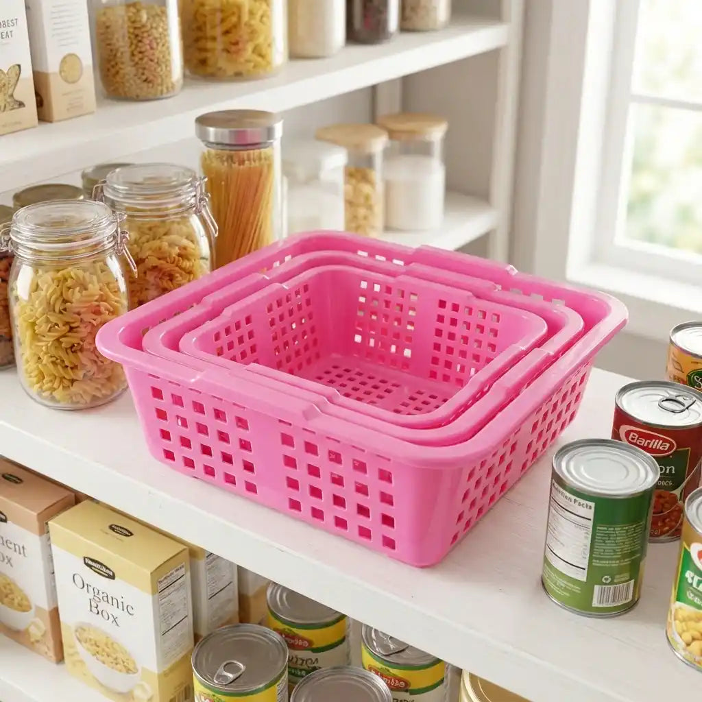 Plastic fruit basket with perforated walls, rectangular pink basket with open top