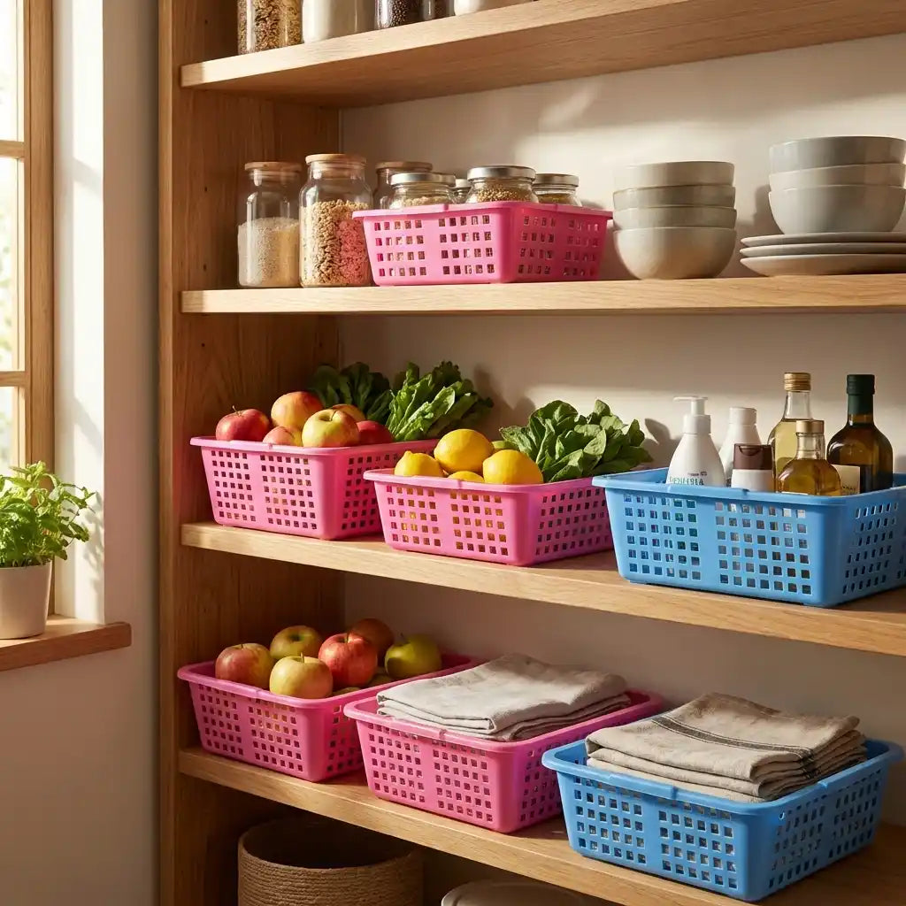 Plastic fruit basket with perforated sides, shown on a kitchen shelf in pink and blue