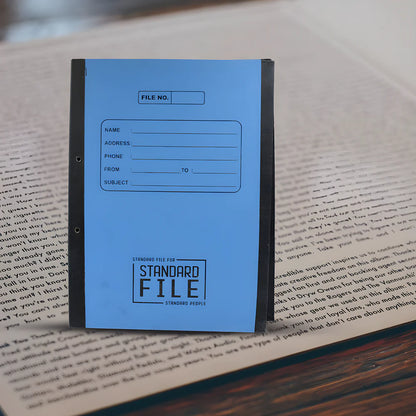 Blue plastic file folder with black spine, clear label area and standardized form