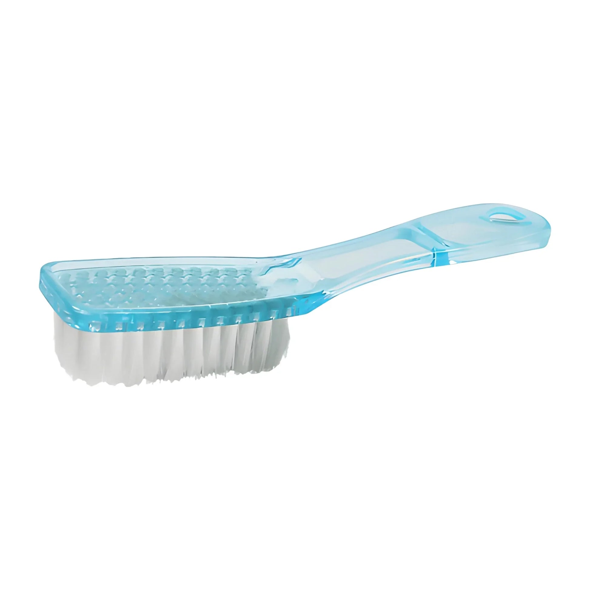 Light blue shoe scrubbing brush with rectangular bristle head and white bristles