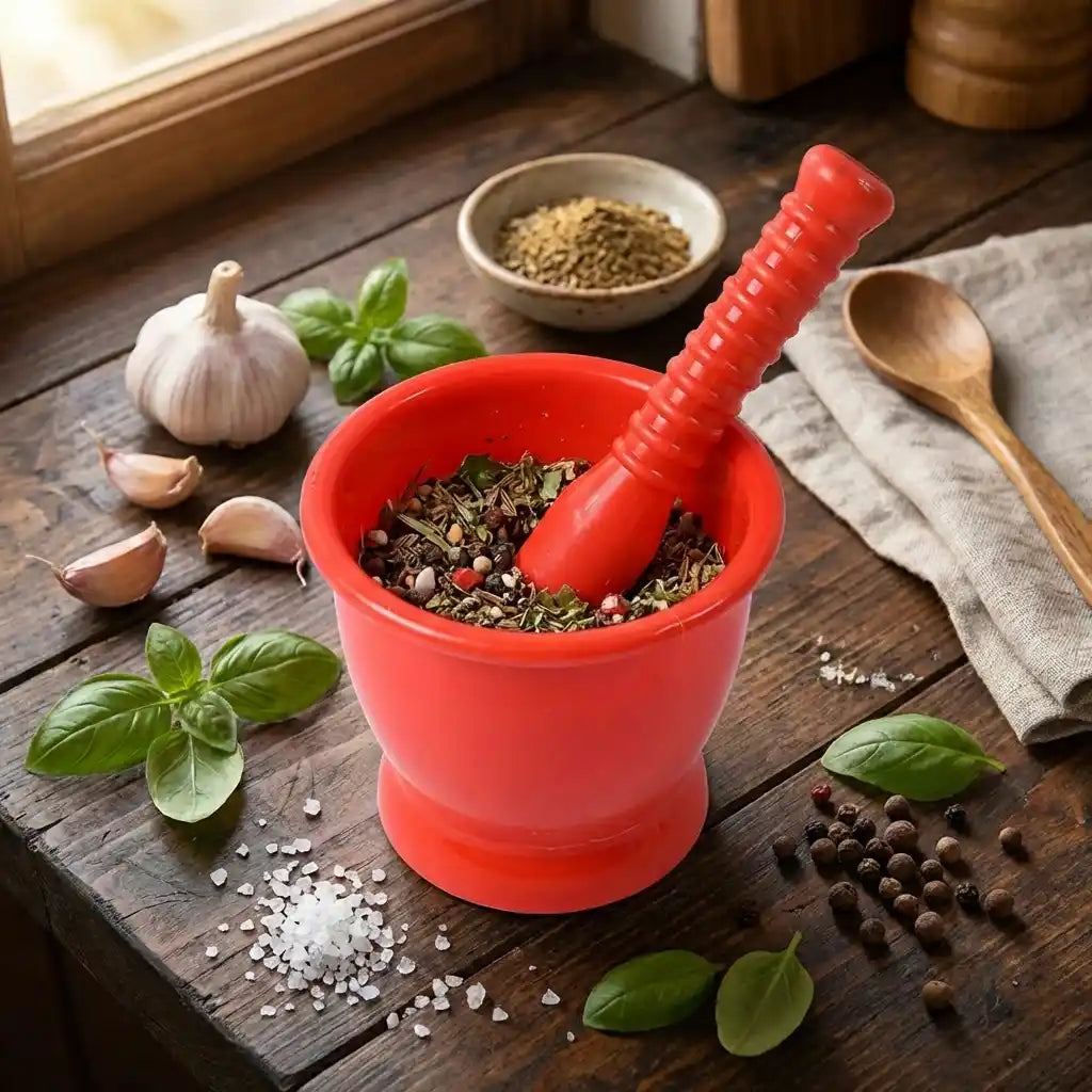 Red plastic mortar and pestle, filled with mixed spices.