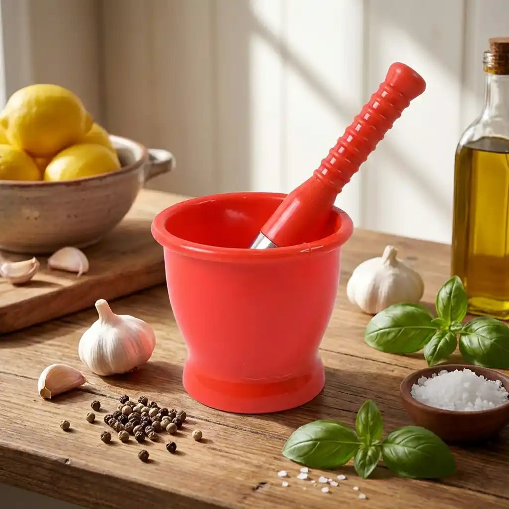 Red plastic mortar and pestle on table with garlic and peppercorns.