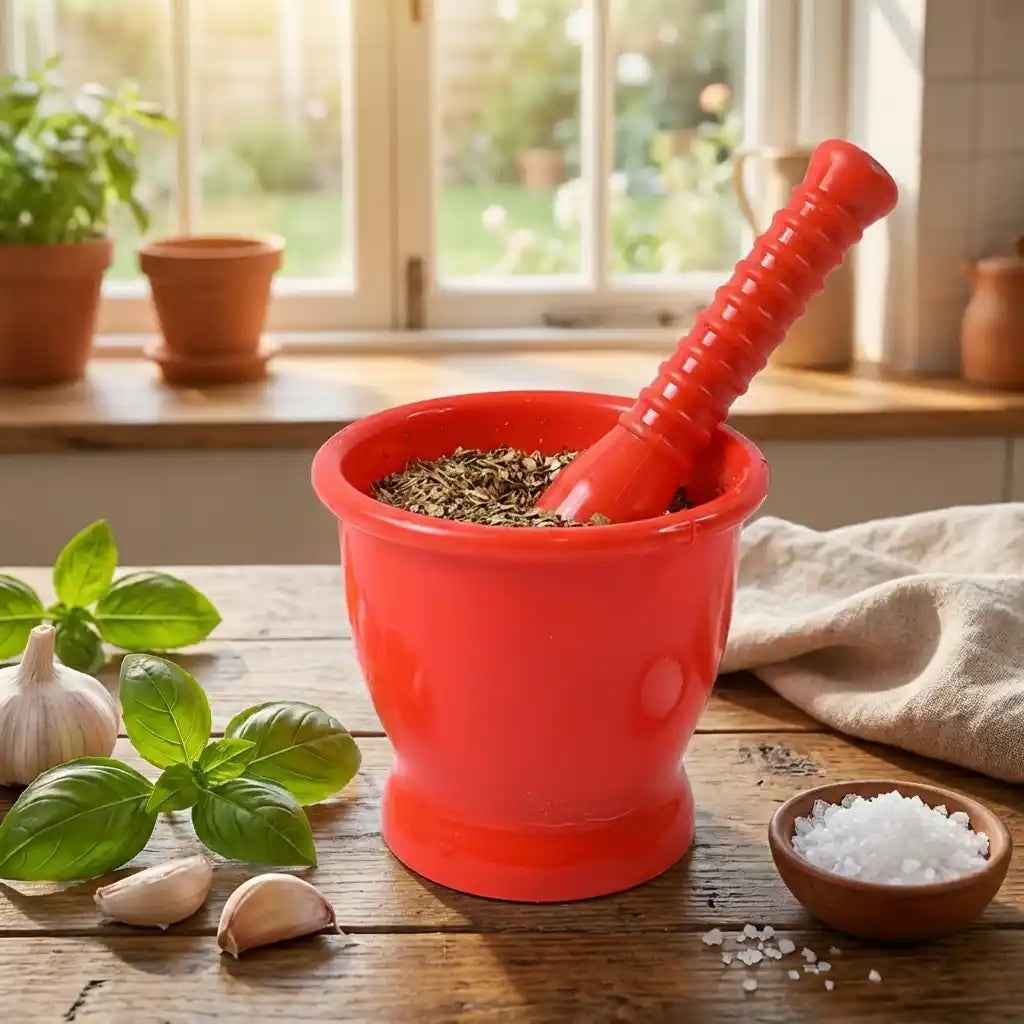 Red plastic mortar with pestle inside, holding dried herbs.