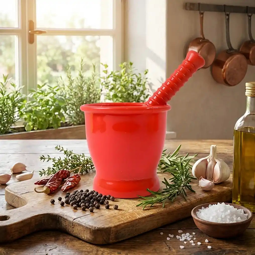 Red plastic mortar and pestle with pestle upright, spices on wooden board.