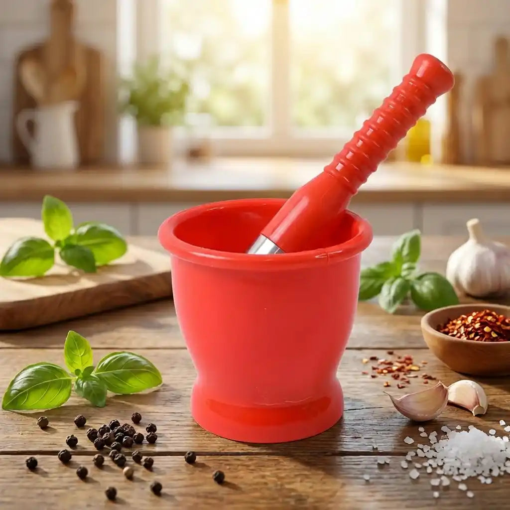 Red plastic mortar and pestle, ready for crushing spices.