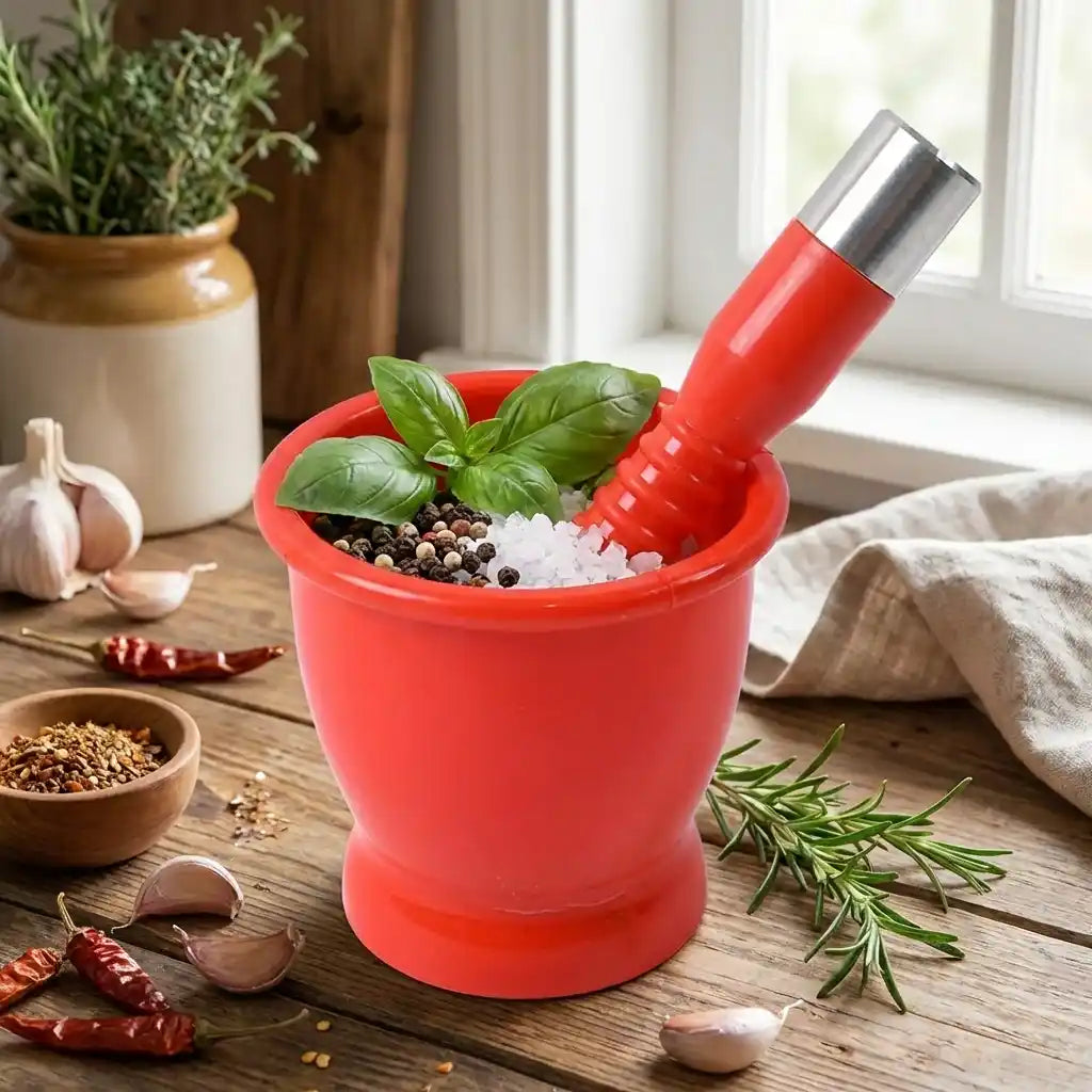 Red plastic mortar and pestle with stainless top, herbs and peppercorns.