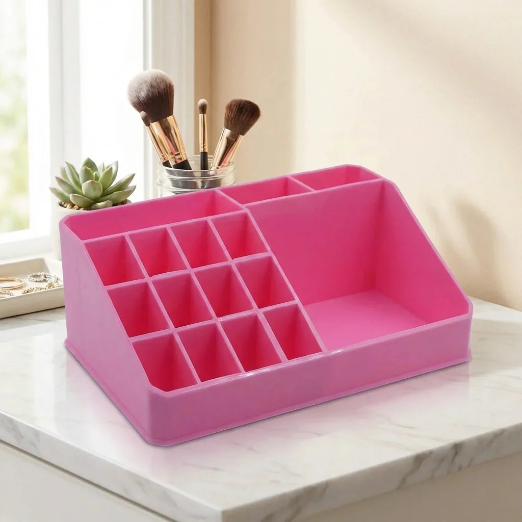 Pink plastic makeup organizer box with divided compartments for cosmetics