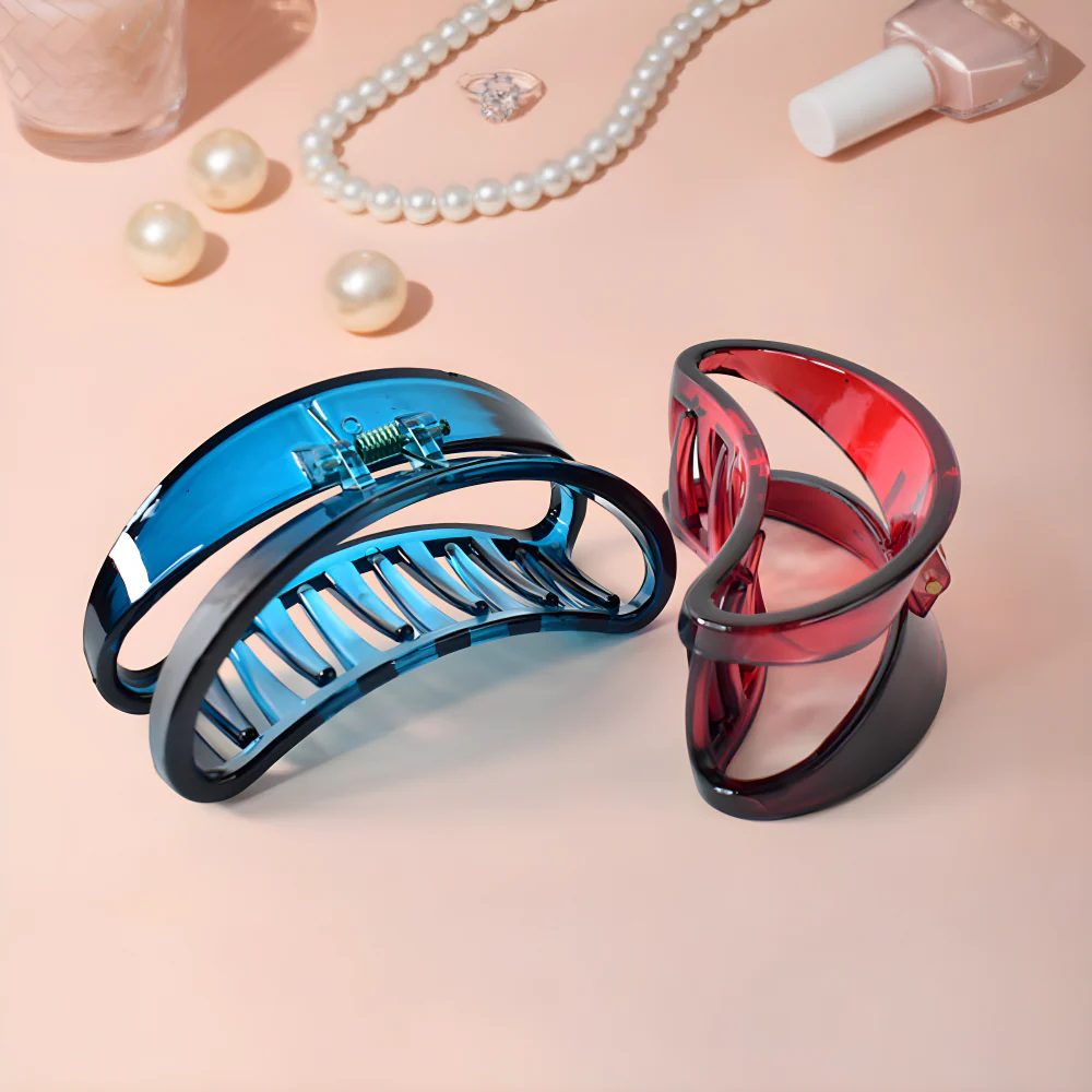 Matte plastic hair clips, blue and red curved claw style