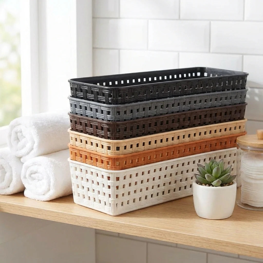 Plastic desk organizer set of 6 stacked baskets, dark, tan, and orange