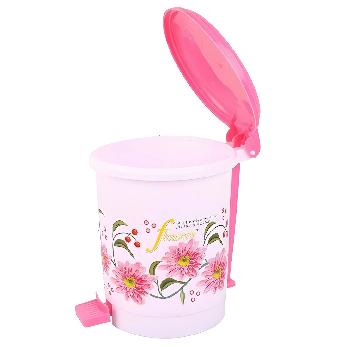 Plastic pedal dustbin with open pink lid and flower print, pink base
