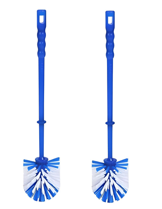 Blue plastic round toilet brush with white bristles and round head