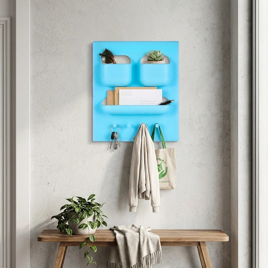 Plastic soap and brush holder with wall rack and hooks, blue.