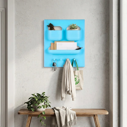 Plastic soap and brush holder with wall rack and hooks, blue.