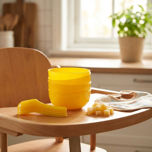 Yellow plastic soup bowl and spoon set with stacked bowls and spoon.