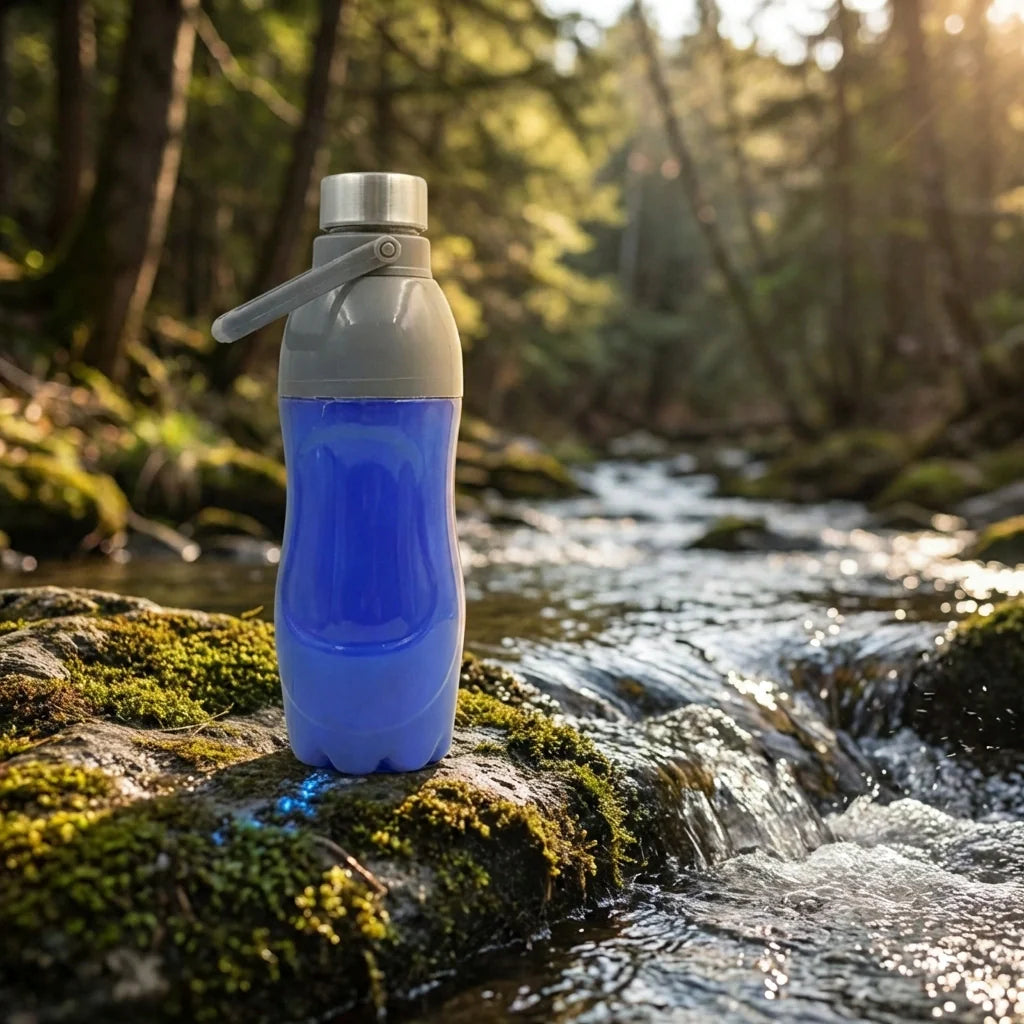 Blue plastic insulated sports water bottle with flip-top cap and carrying handle