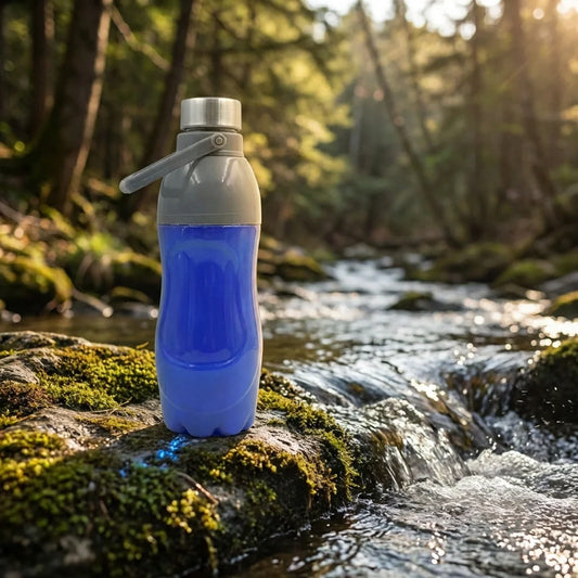 Blue plastic insulated sports water bottle with flip-top cap and carrying handle
