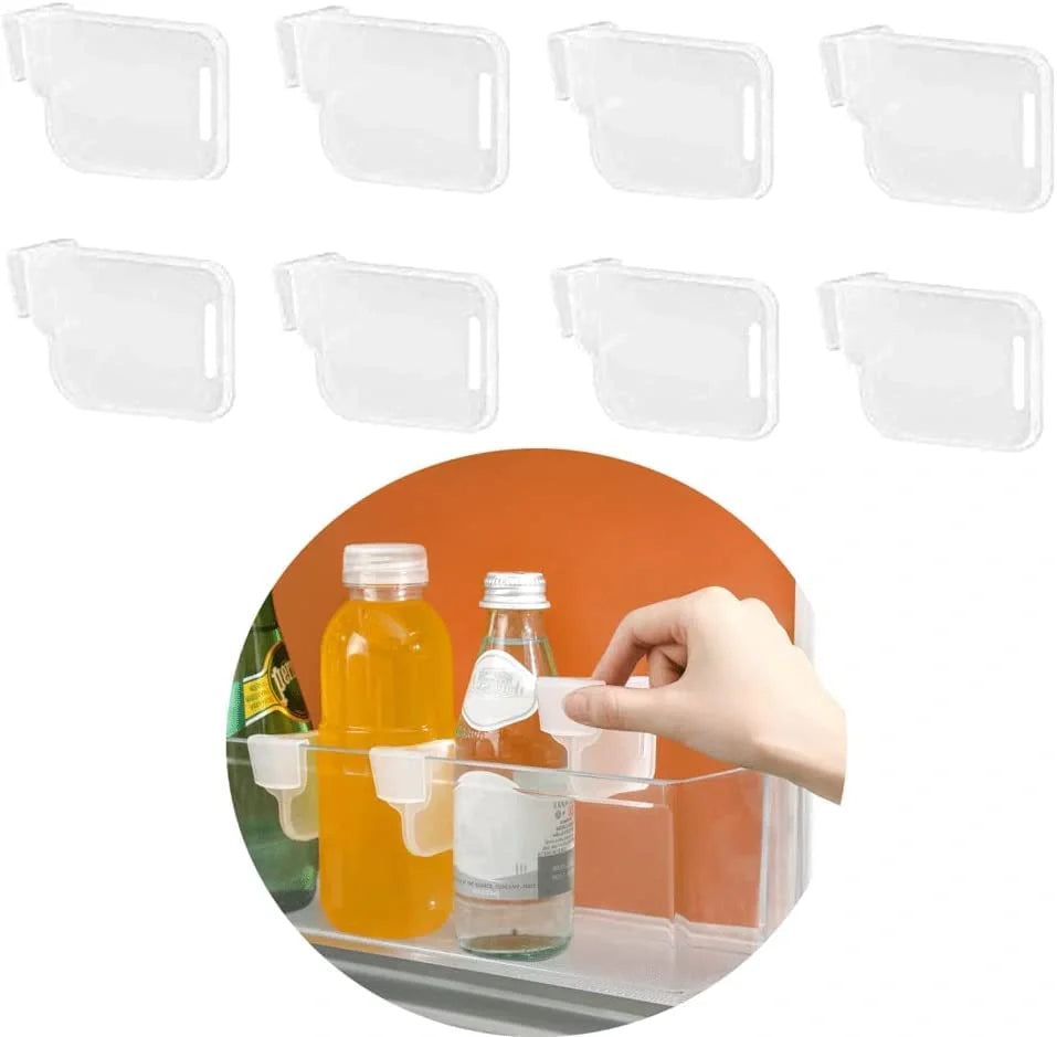 Clear storage divider clips with snap-on latch, holding a container partition