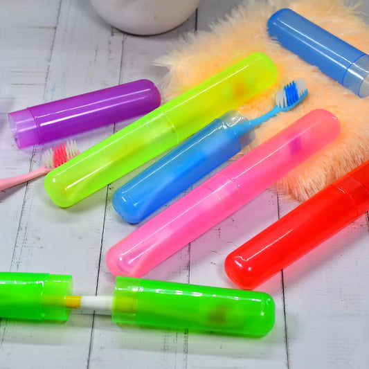 Plastic toothbrush cover set with colored protective tubes and brush heads