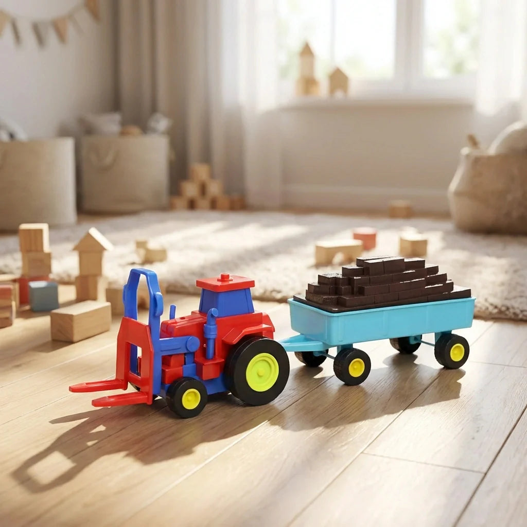 Plastic friction-powered tractor toy with flatbed trolley, blue and red with yellow wheels